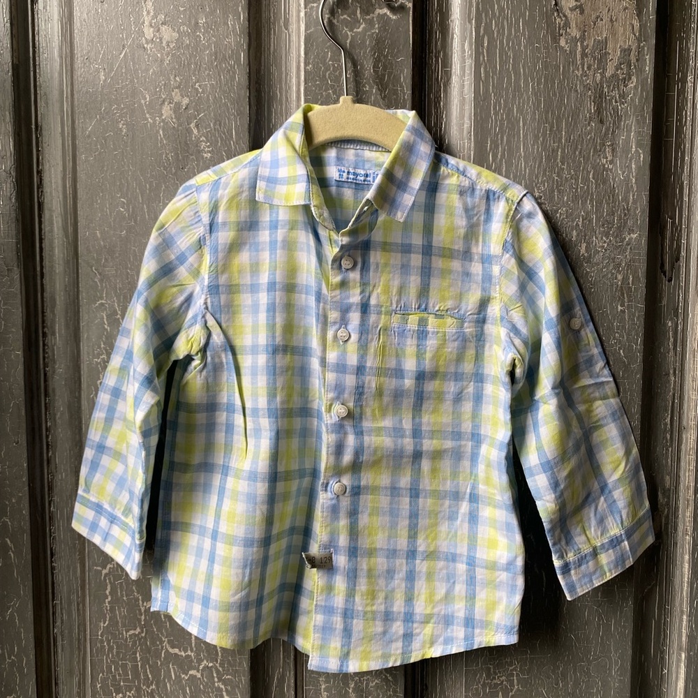 Mayoral Blue and Yellow Button Down Shirt Classic Plaid